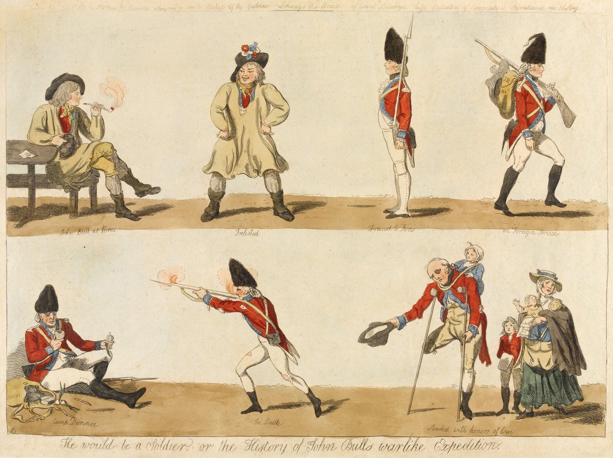Skulle han bli soldat? eller The History of John Bulls warlike Expedition, 1793 (färgad etsning) av Isaac Cruikshank