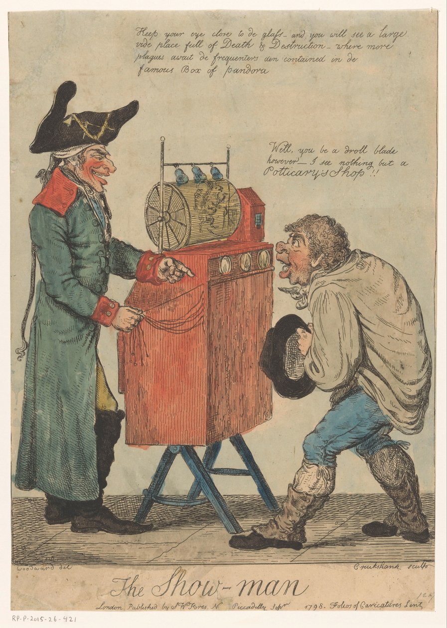 Man med ett visningsskåp The Show Man (titel på objekt) av Isaac Cruikshank