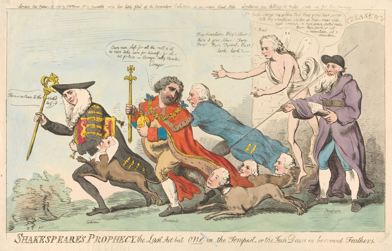 Shakespeares Prophezeiung, der letzte Akt von einem in Der Sturm, oder die Dohle in geliehenen Federn (aus: Karikatur, Bd. 3) av Isaac Cruikshank