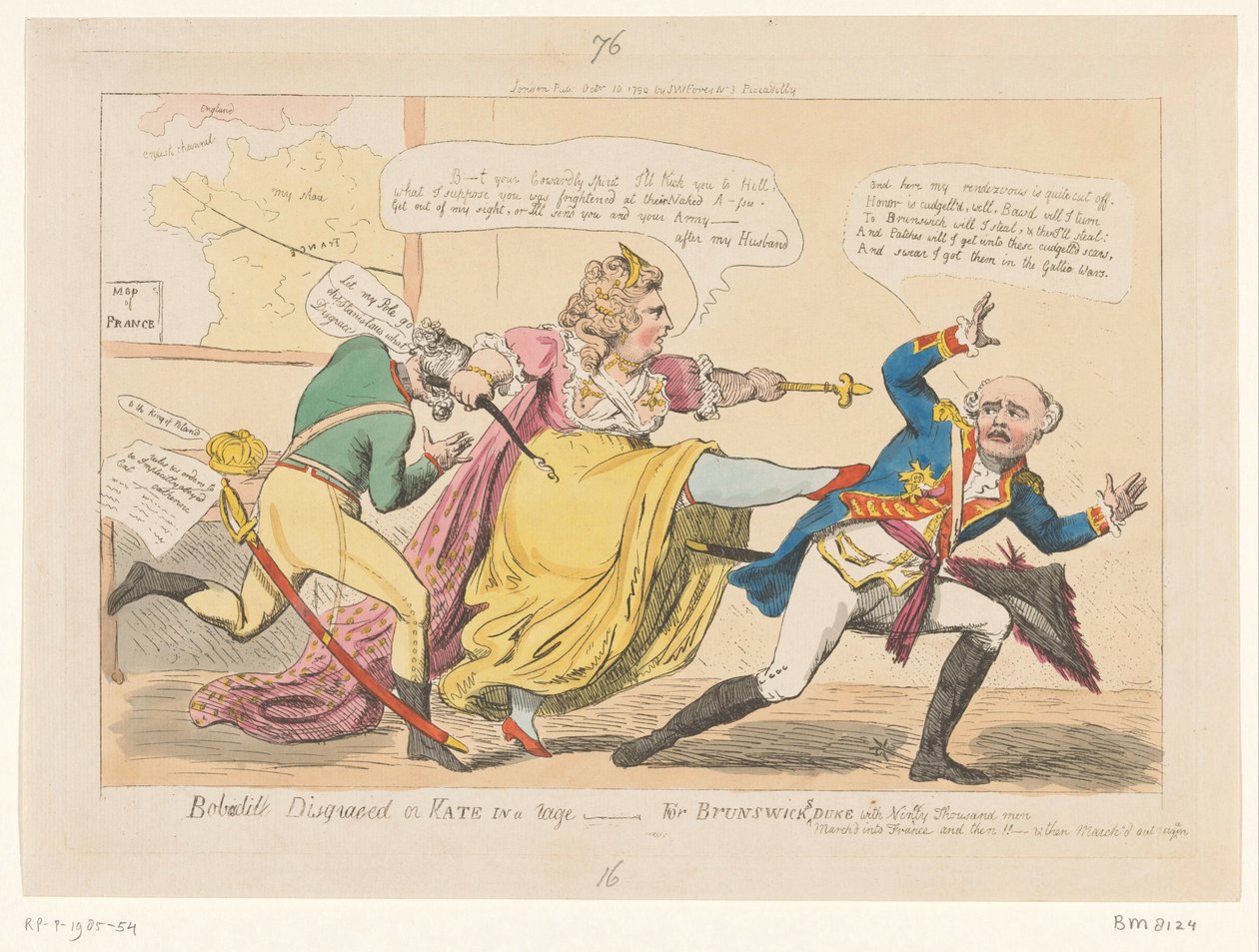 Spotprent op Catherina II, 1792 Bobadil skamlad eller Kate i raseri - For Brunswicks Duke (titel på objekt) av Isaac Cruikshank
