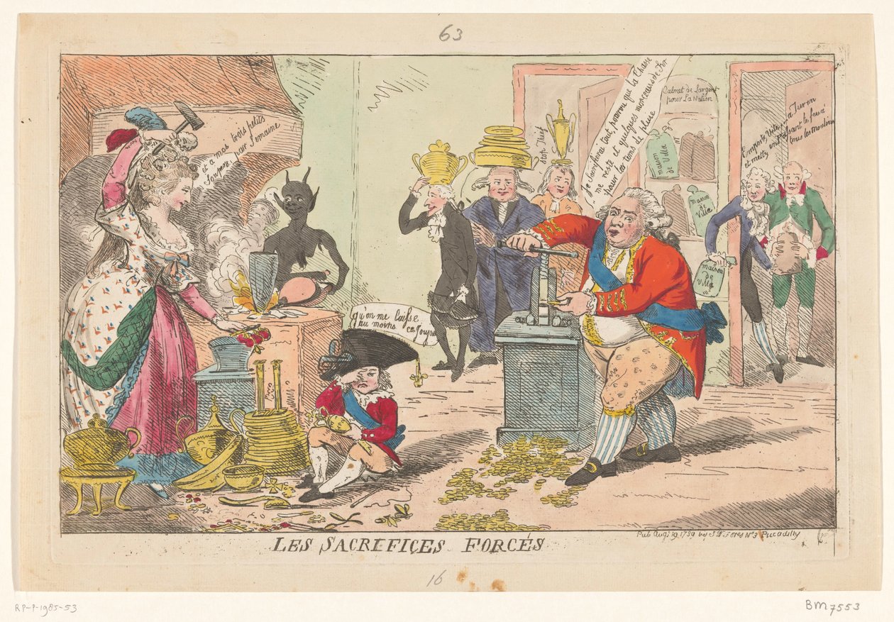 Spotlight på Marie Antoinette i Lodewijk XVI, 1789 Tvångsoffer (titel på objekt) av Isaac Cruikshank
