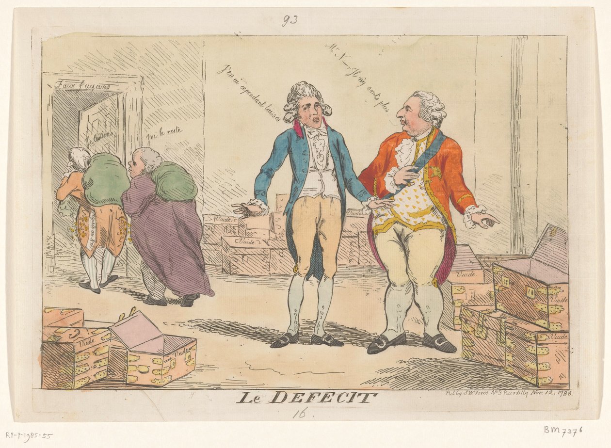 Tecknad film om den franska finanskrisen, 1788 Le Defecit (titel på objekt) av Isaac Cruikshank