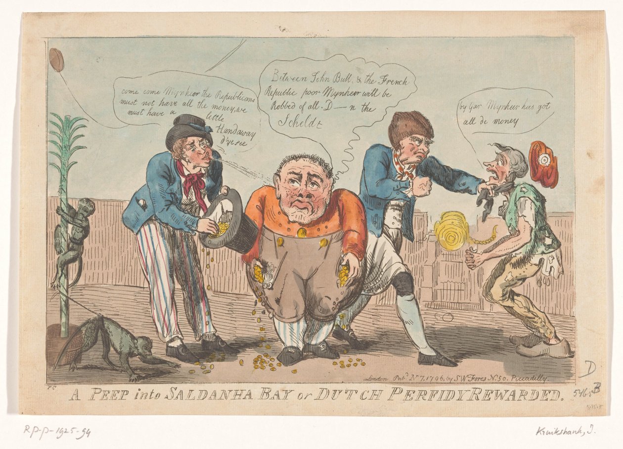 Tecknad film om den bataviska flottans kapitulation i Saldanhabukten, 1796 En titt i Saldanha Bay eller Dutch Perfidy Rewarded (titel på objekt) av Isaac Cruikshank
