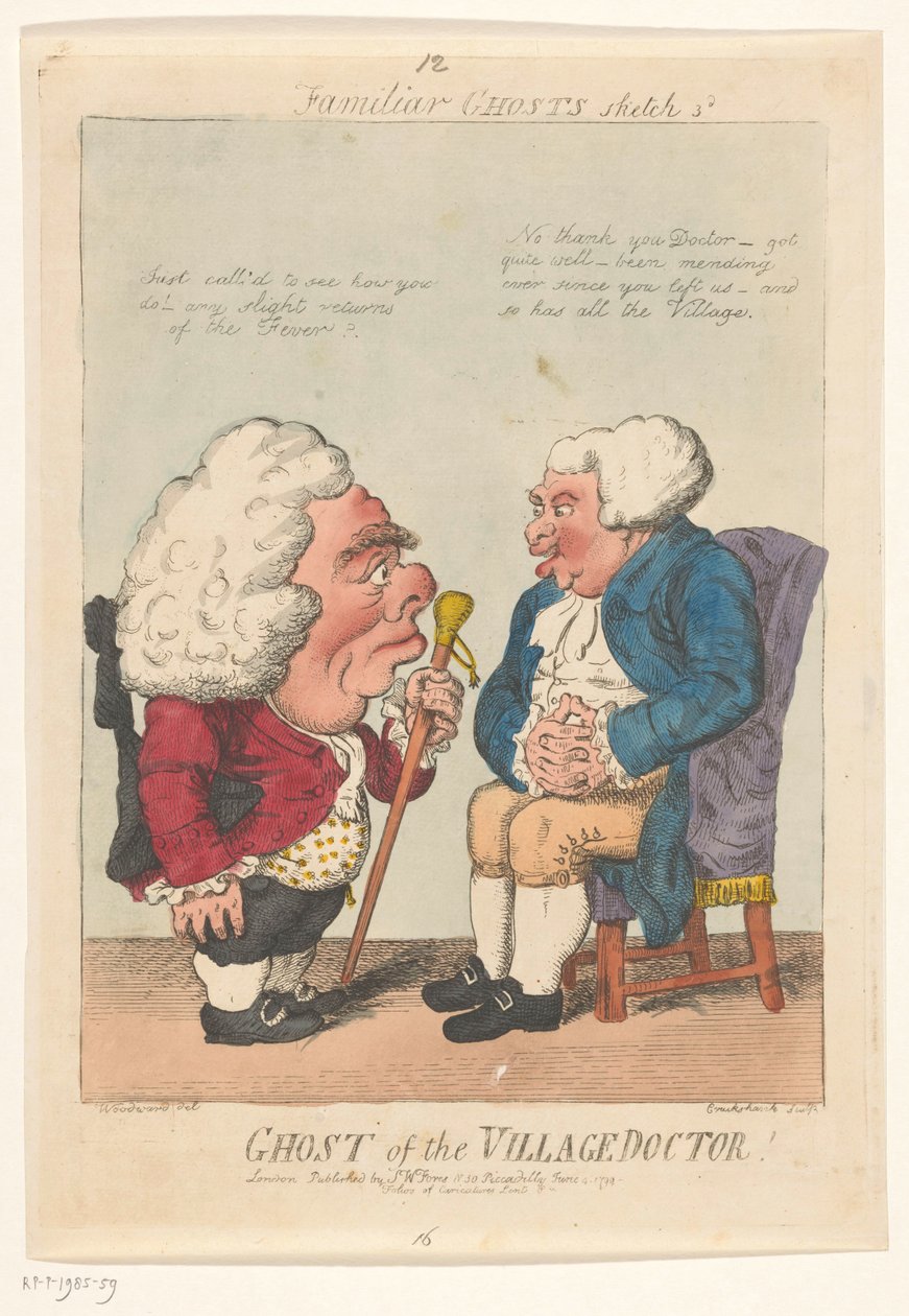 Spotprent op de dorpsarts, 1799 Ghost of the Village Doctor! (titel på objekt) Familiar Ghosts (serietitel på objekt) av Isaac Cruikshank