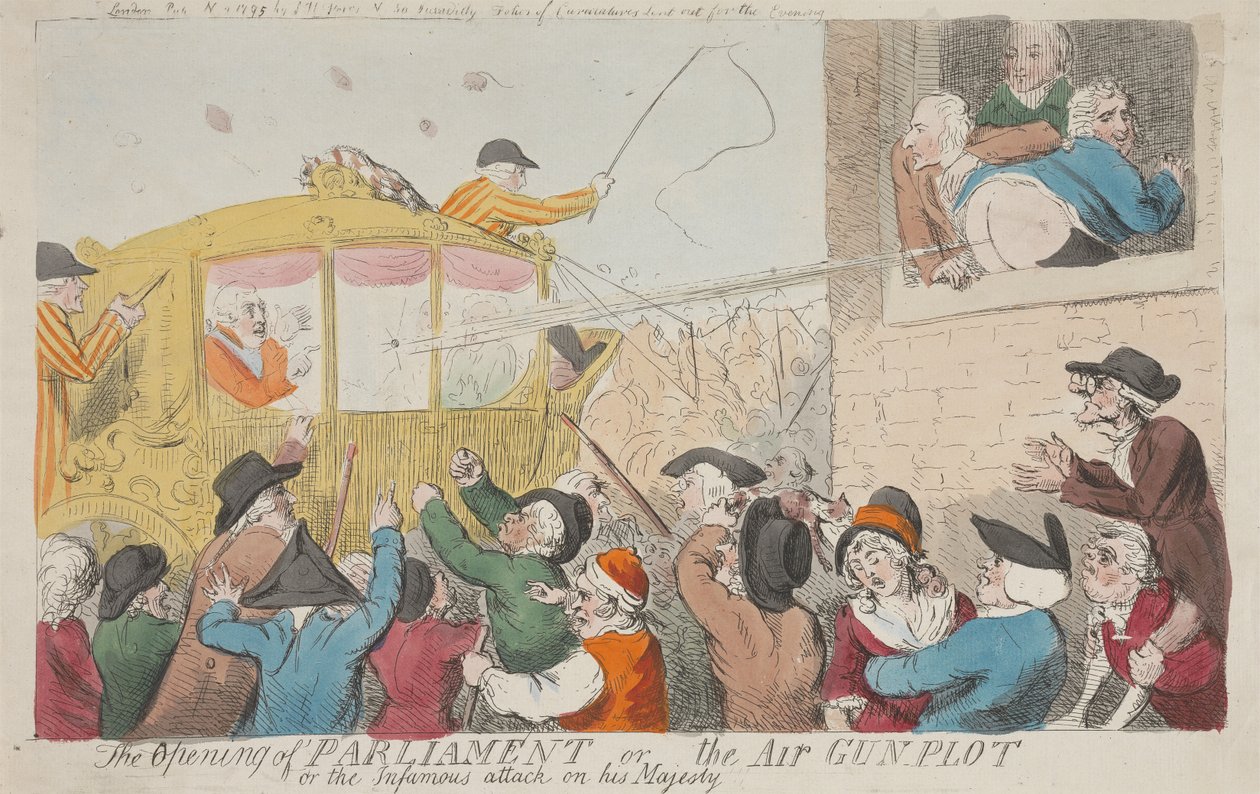 Die Eröffnung des Parlaments oder das Luftgewehr-Komplott oder der berüchtigte Angriff auf Seine Majestät av Isaac Cruikshank