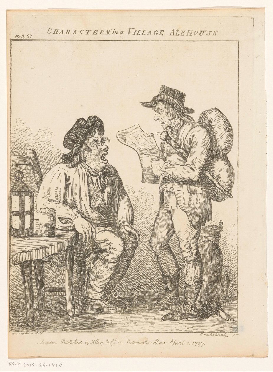 Två män på en bypub i Derbyshire Karaktärer i en bys alehouse (originaltitel) Genrescener från olika delar av England och Wales (serietitel) Excentriska utflykter eller litterära och bildskisser av ansikte, karaktär och av Isaac Cruikshank