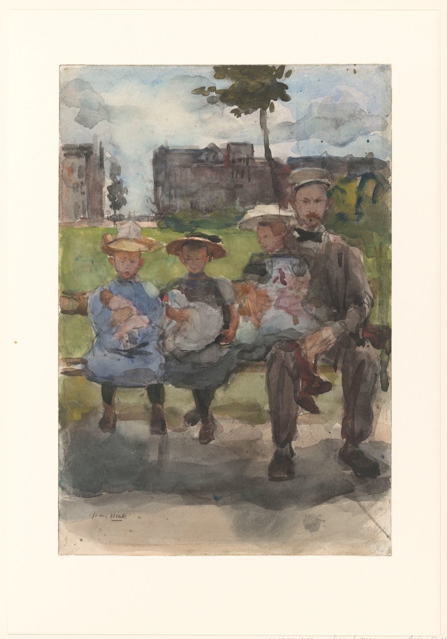 En man med tre flickor på en bänk i Oosterpark i Amsterdam av Isaac Israels