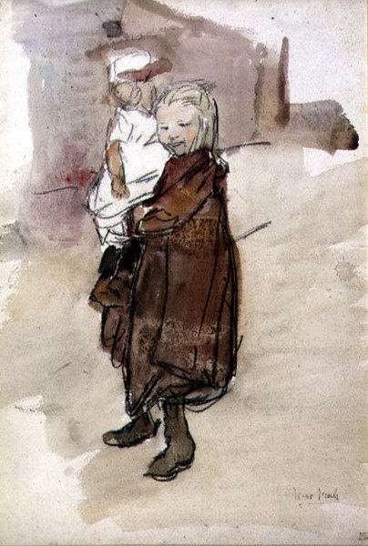 Flicka och barn (akvarell på papper) av Isaac Israels