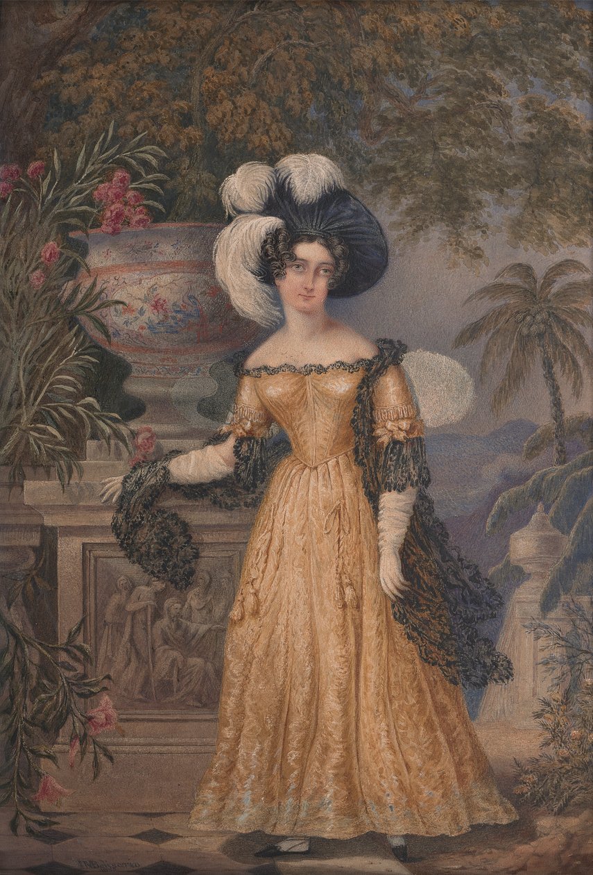 Lady Rowe, står liten i full längd på en terrass, ett månbelyst jamaicanskt landskap bortom av Isaac Mendes Belisario
