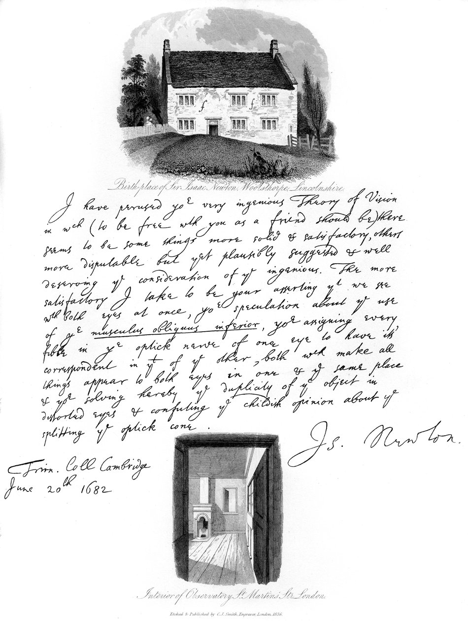 Ett brev från Isaac Newton och en utsikt över hans födelseplats i Woolsthorpe, Lincolnshire, 1682, 1840. av Isaac Newton