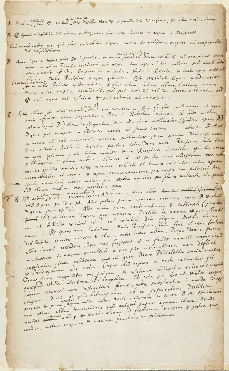 Registrering av ett experiment i sex steg som börjar med destillation följt av bränning, ytterligare destillation, avkok, kalcinering och sublimering, ca 1700 av Isaac Newton