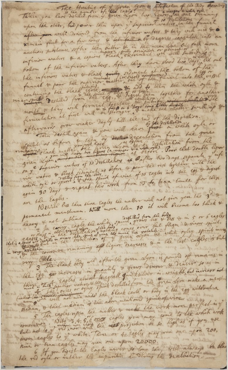 Jakten på det gröna Lyon, recto, c.1700 av Isaac Newton