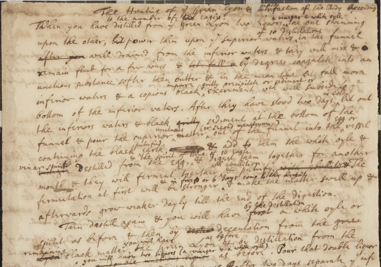 Jakten på det gröna Lyon, recto, detalj, c.1700 av Isaac Newton