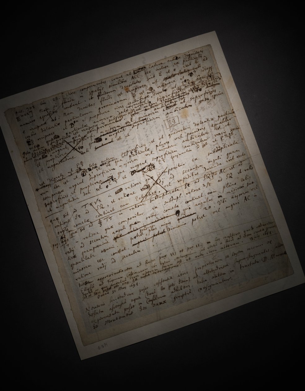 Två sidor med revisioner av Principia Mathematica av Isaac Newton