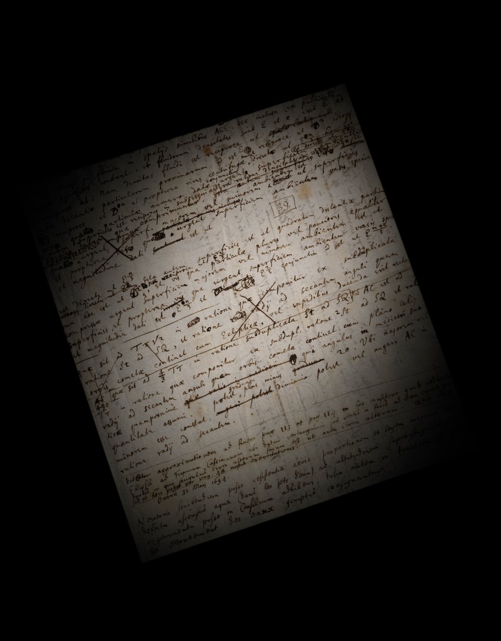 Två sidor med revisioner av Principia Mathematica av Isaac Newton