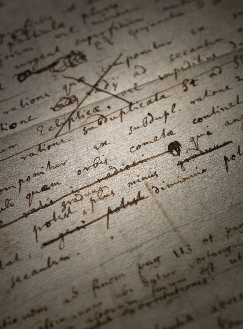 Två sidor med revisioner av Principia Mathematica av Isaac Newton