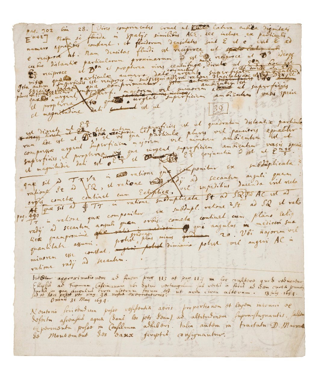 Två sidor med revisioner av Principia Mathematica av Isaac Newton