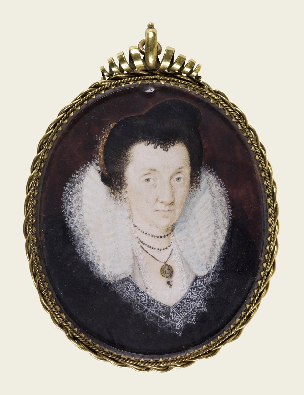 Lady Anne Bacon, ca 1600 (ogenomskinlig akvarell och förgyllning på veläng) av Isaac Oliver