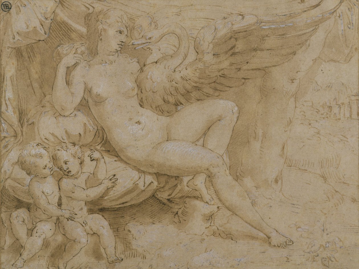 Leda och svanen (penna & bläck, tvätt och vit kroppsfärg på papper) av Isaac Oliver