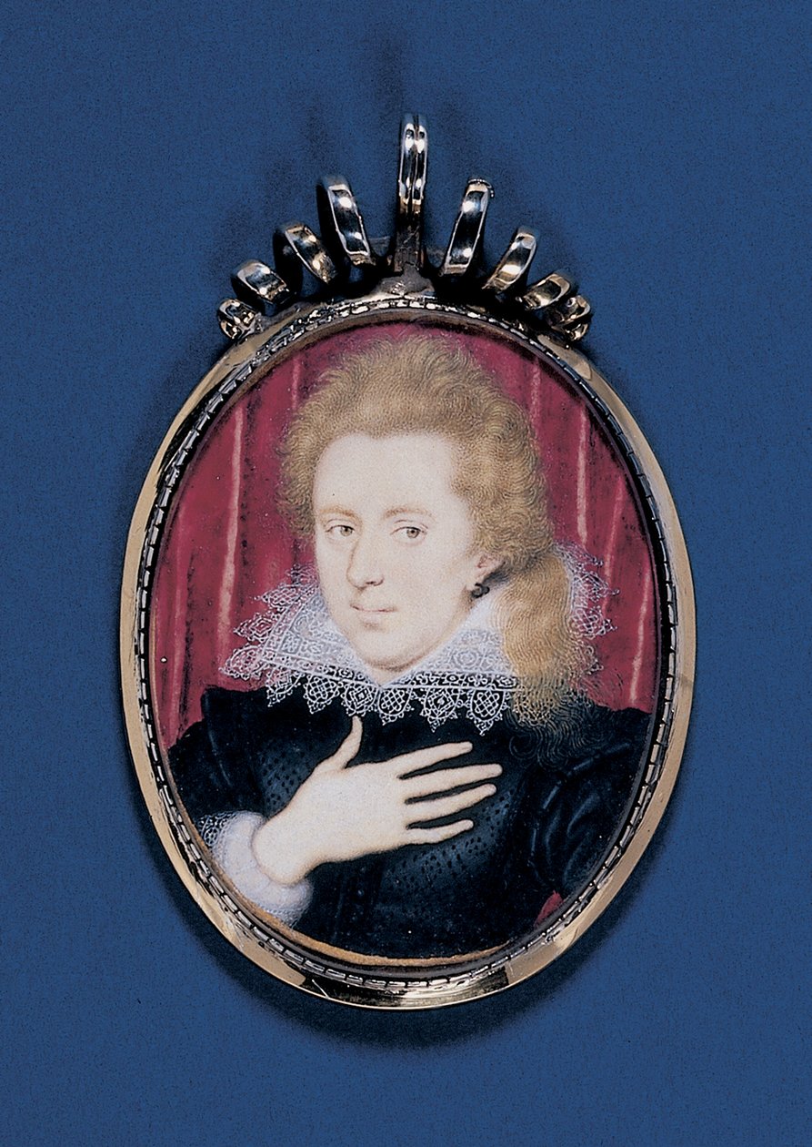 Porträttminiatyr av en ung herre, ca 1615 (akvarell på veläng nedlagt på kort med silverförgylld ram) av Isaac Oliver