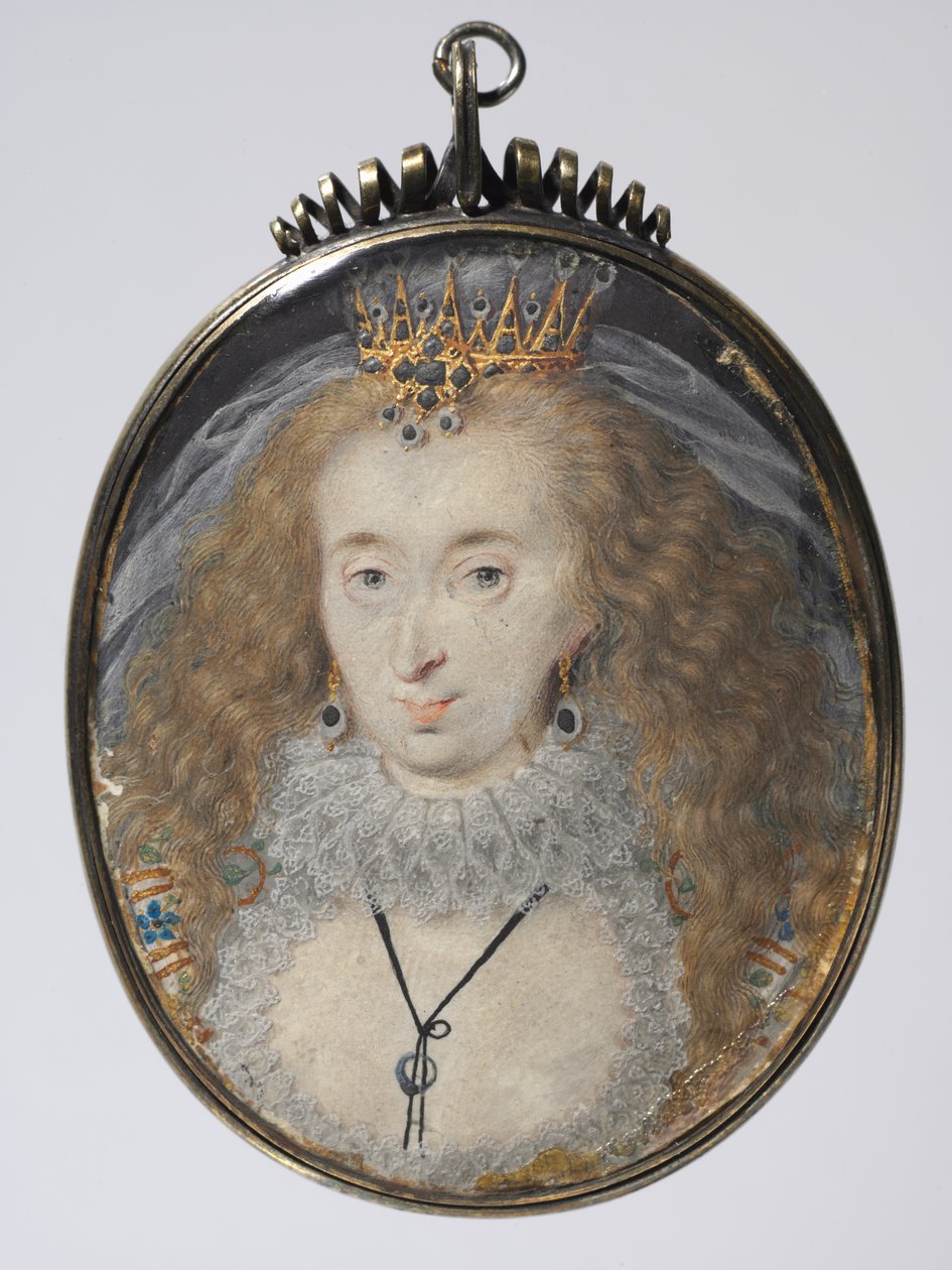 Porträtt av Lucy Russell, grevinna av Bedford, ca 1608-16 (akvarell på veläng med guld och silver i förgylld ram) av Isaac Oliver