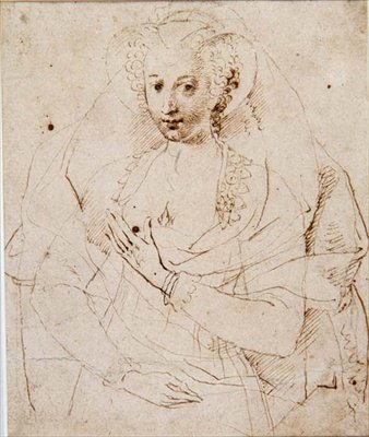 Porträtt av en okänd dam, formellt kallad Lucy Harrington, grevinnan av Bedford, en skiss till en miniatyr (nr 3902) ca 1605 (penna och bläck, krita på papper) (se även 58811) av Isaac Oliver