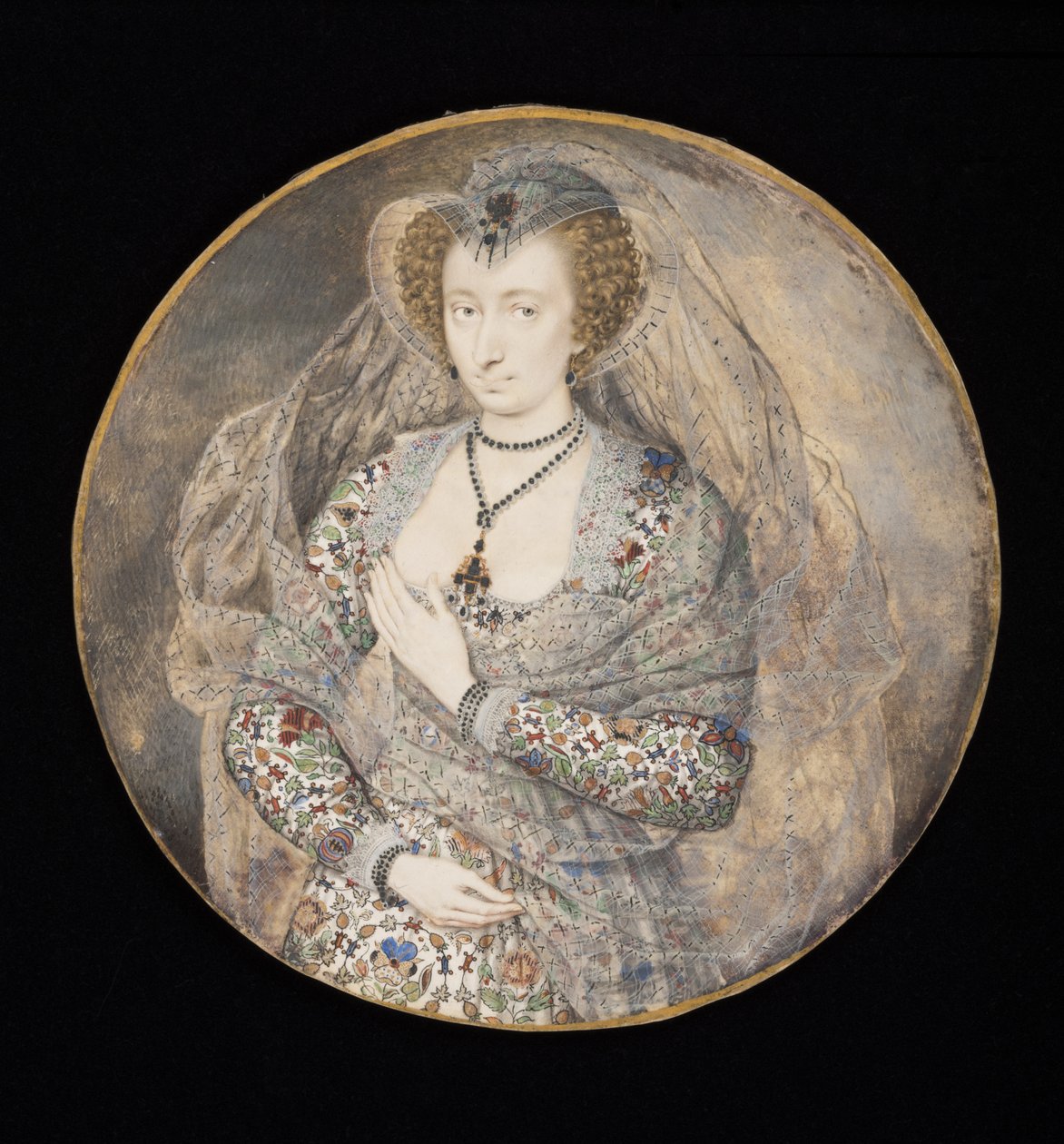 Okänd dam, tidigare kallad Lucy Harrington, grevinna av Bedford, ca 1605 (kroppsfärg och wc på kort) (för skiss se 88888) av Isaac Oliver