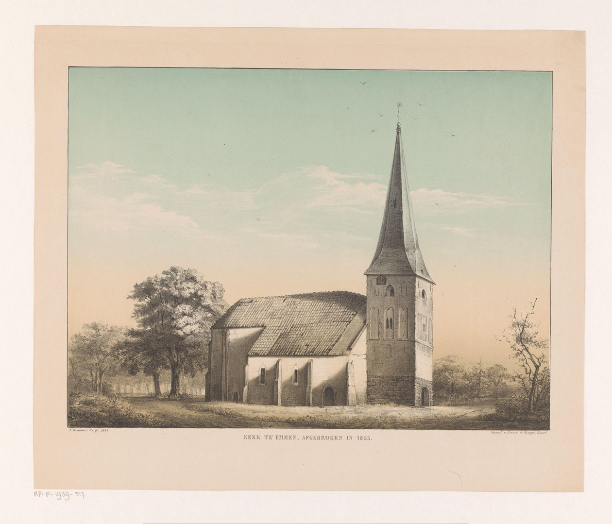 Utsikt över kyrkan i Emmen Kyrkan i Emmen, riven 1855 (titel på objekt) av Isaac Reijnders Sz.
