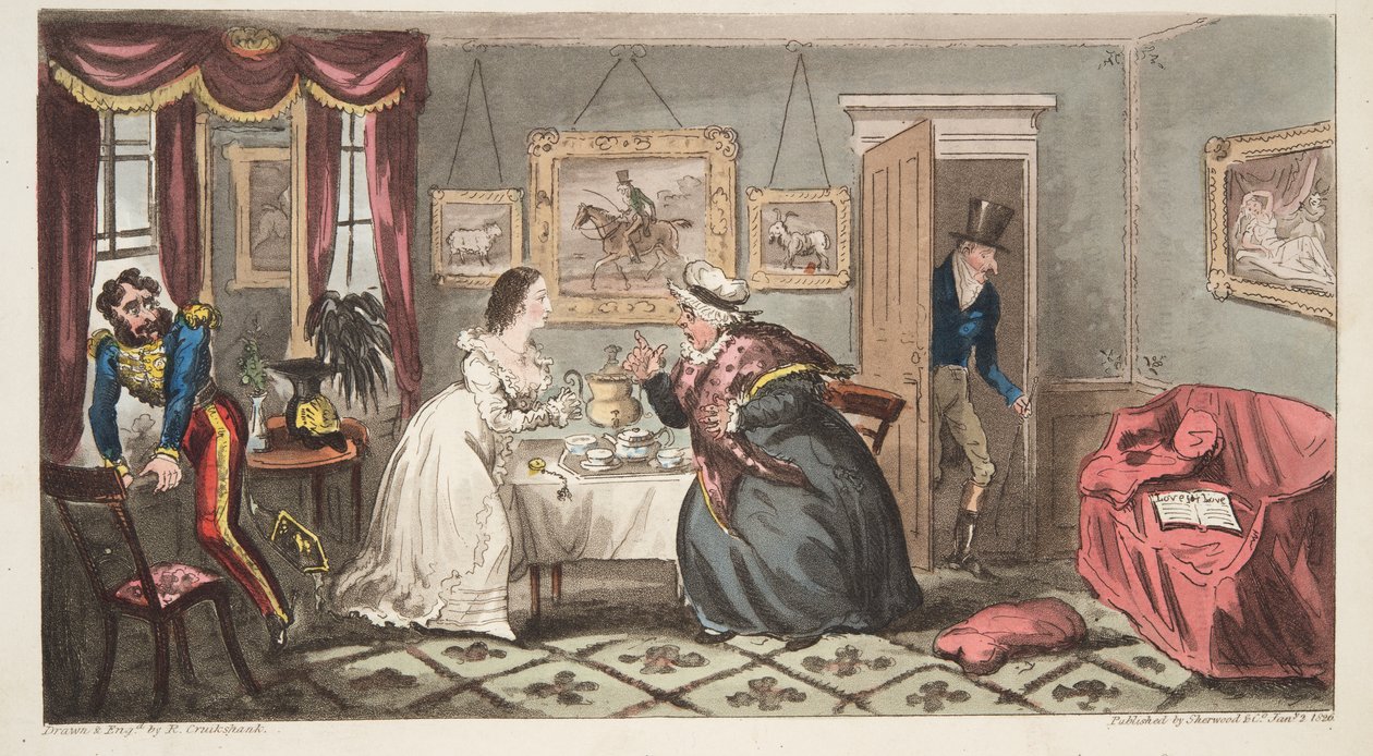 A Bath Beau and Frail Belle eller Mr B. och Miss L., från The English Spy, pub. 1824 (handfärgad gravyr) av Isaac Robert Cruikshank
