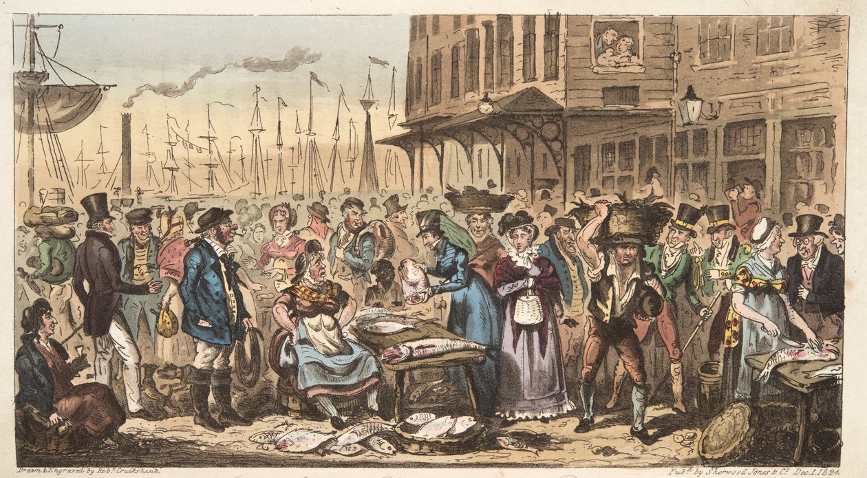 A Frolic in High Life, eller ett besök i Billingsgate, från The English Spy, pub. 1824 (handfärgad gravyr) av Isaac Robert Cruikshank