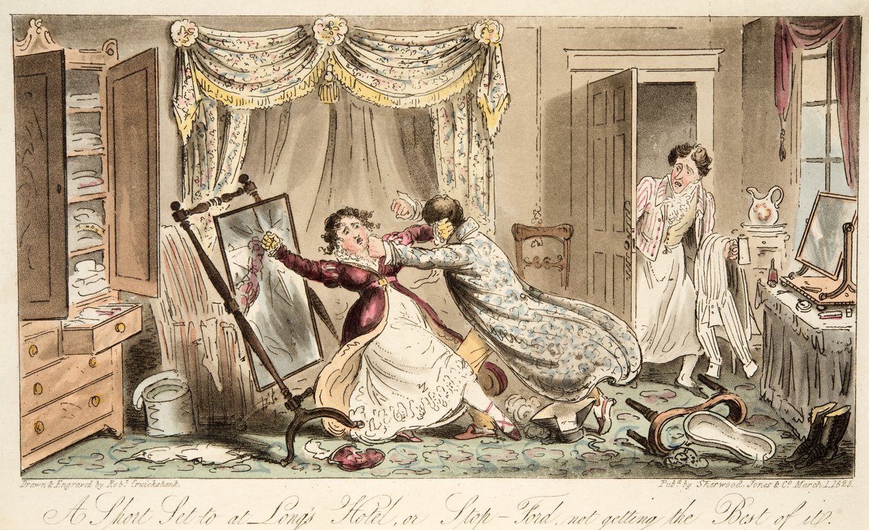 A Short Set till på Longs Hotel eller Stop-Ford får inte det bästa av det, från The English Spy, pub. 1824 (handfärgad gravyr) av Isaac Robert Cruikshank