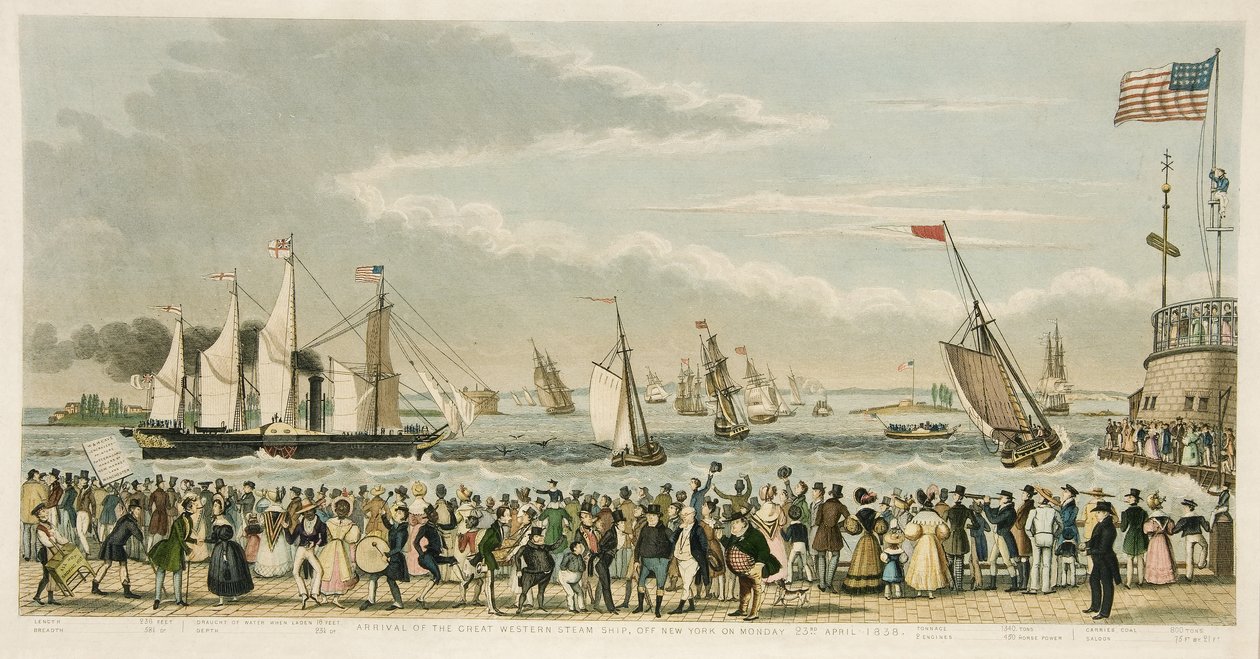 Ankomst av Great Western Steam Ship, utanför New York måndagen den 23 april 1838, pub. 1842 (handfärgad gravyr) av Isaac Robert Cruikshank