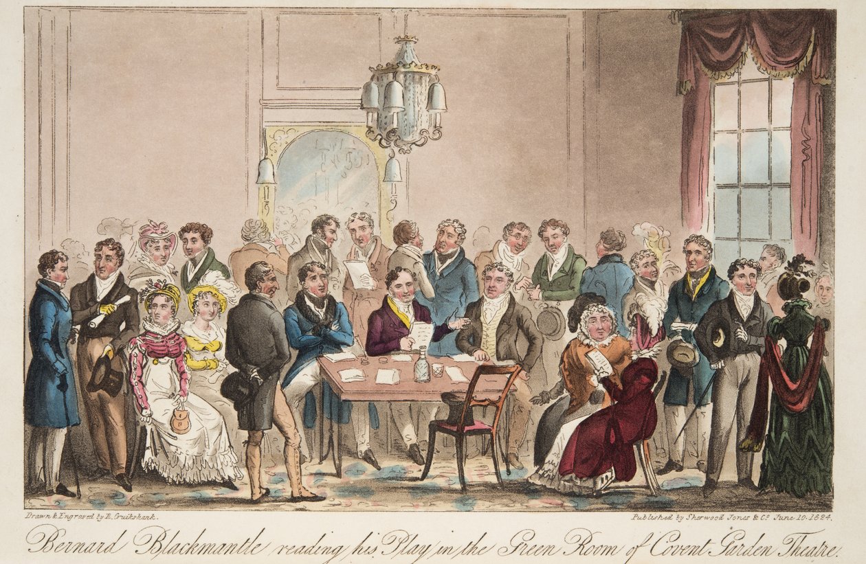 Bernard Blackmantle läser sin pjäs i Green Room på Covent Garden Theatre, från The English Spy, pub. 1824 (handfärgad gravyr) av Isaac Robert Cruikshank