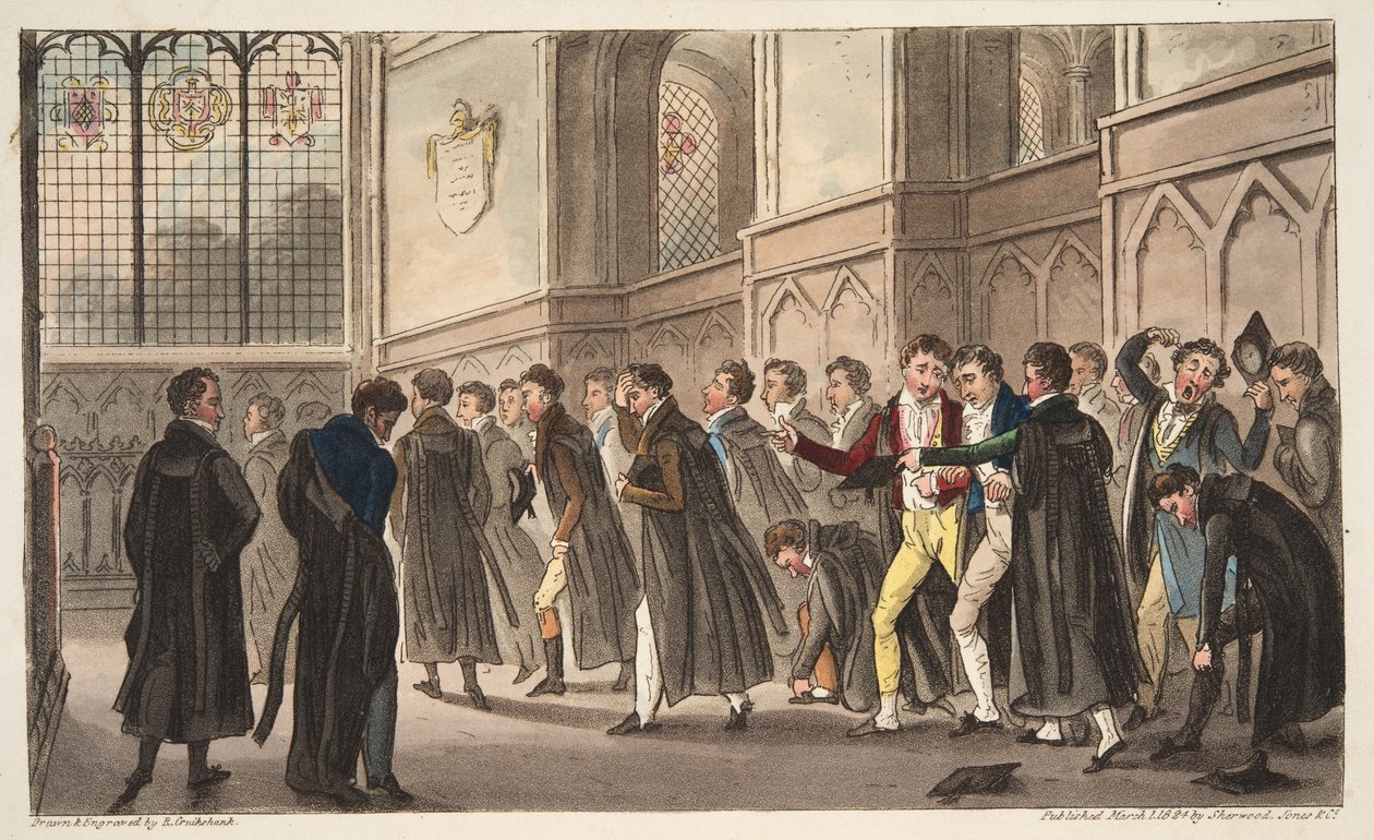 Black Matins, eller effekterna av sent drickande på tidiga stigare, från The English Spy, pub. 1824 (handfärgad gravyr) av Isaac Robert Cruikshank