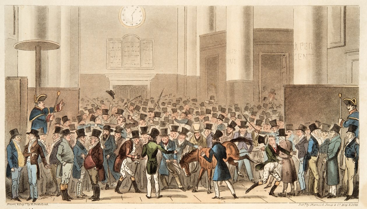 Bulls and Bears in High Bustle, eller Billy Wrights Poney blev medlem på börsen, från The English Spy, pub. 1824 (handfärgad gravyr) av Isaac Robert Cruikshank