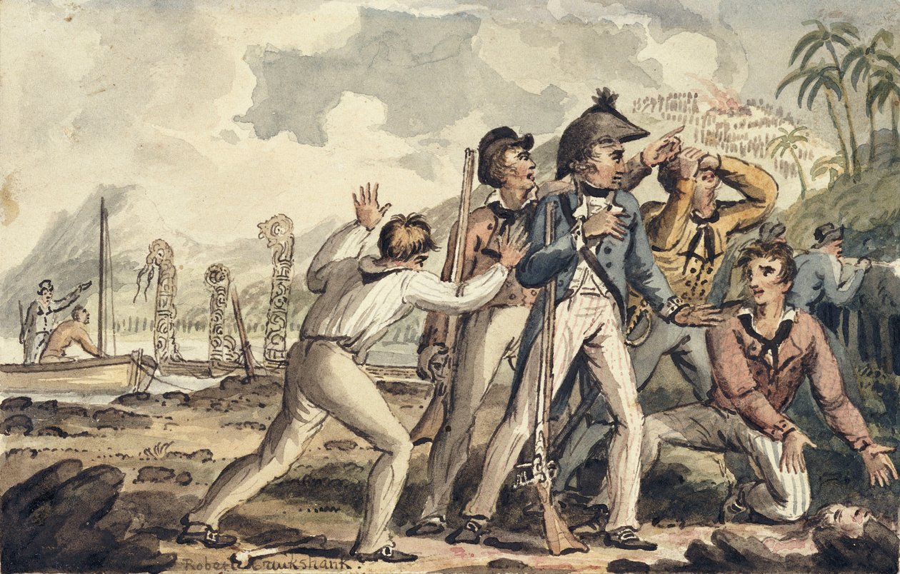 Kapten Burney upptäcker sina mördade skeppskamrater, illustration från "The Voyages of Captain Cook" av Isaac Robert Cruikshank