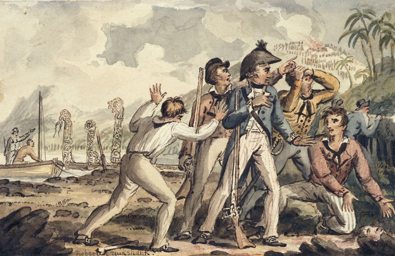 Kapten Burney upptäcker sina mördade skeppskamrater", från Captain Cooks resor av Isaac Robert Cruikshank