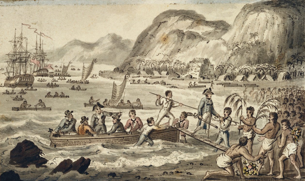 Captain Cook landar i Owyhee, illustration från "The Voyages of Captain Cook" av Isaac Robert Cruikshank