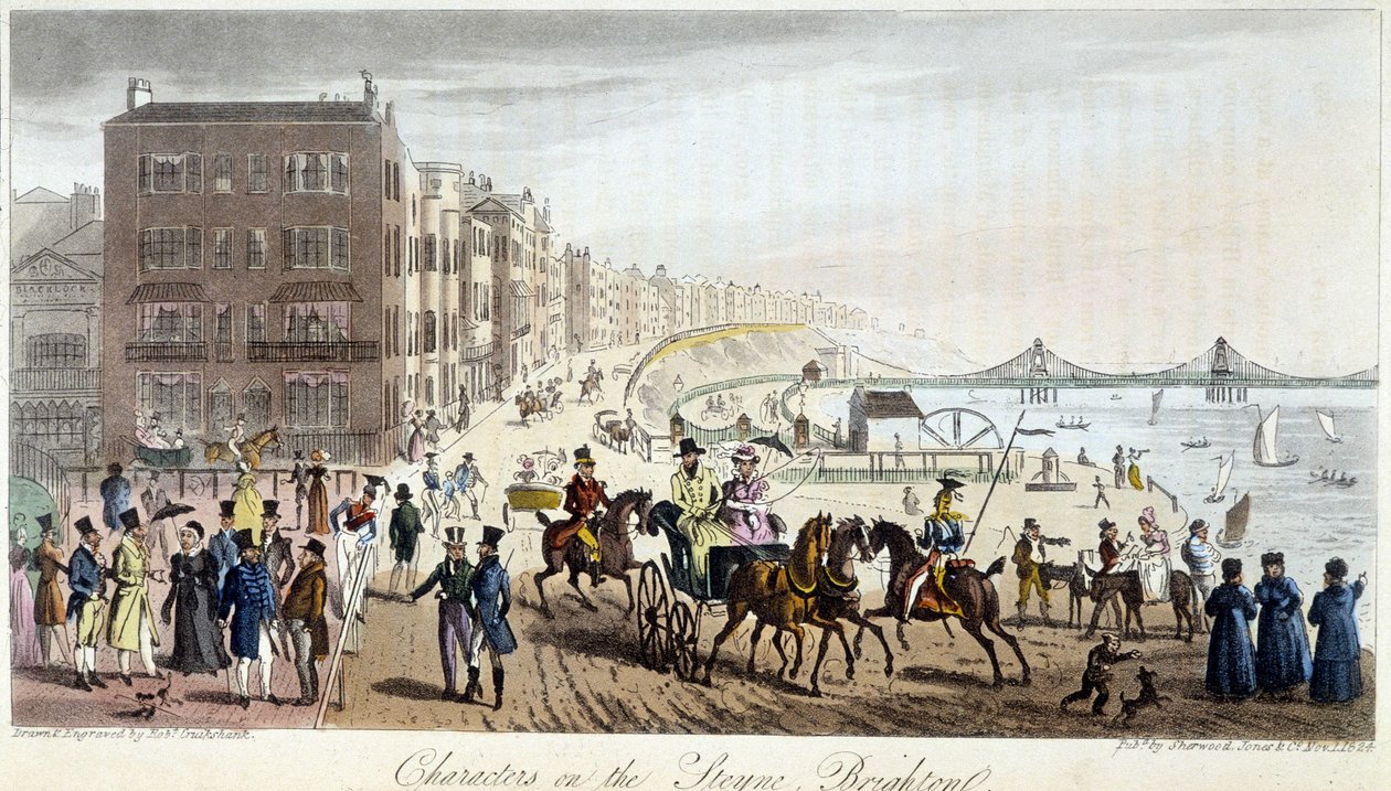 Characters on the Brighton - i "" The English Spy"" av Charles Molloy Westmacott, teckning av Robert Cruikshank, London Edition av Isaac Robert Cruikshank
