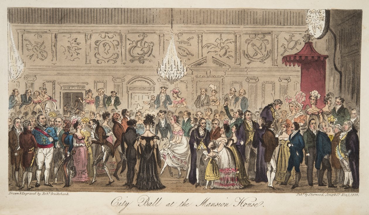 Stadsbal på Mansion House, från The English Spy, pub. 1824 (handfärgad gravyr) av Isaac Robert Cruikshank