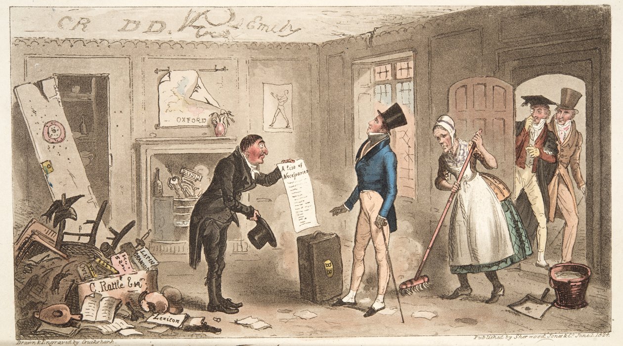 College Comforts, A Freshman som tar sina rum i besittning, från The English Spy, pub. 1824 (handfärgad gravyr) av Isaac Robert Cruikshank