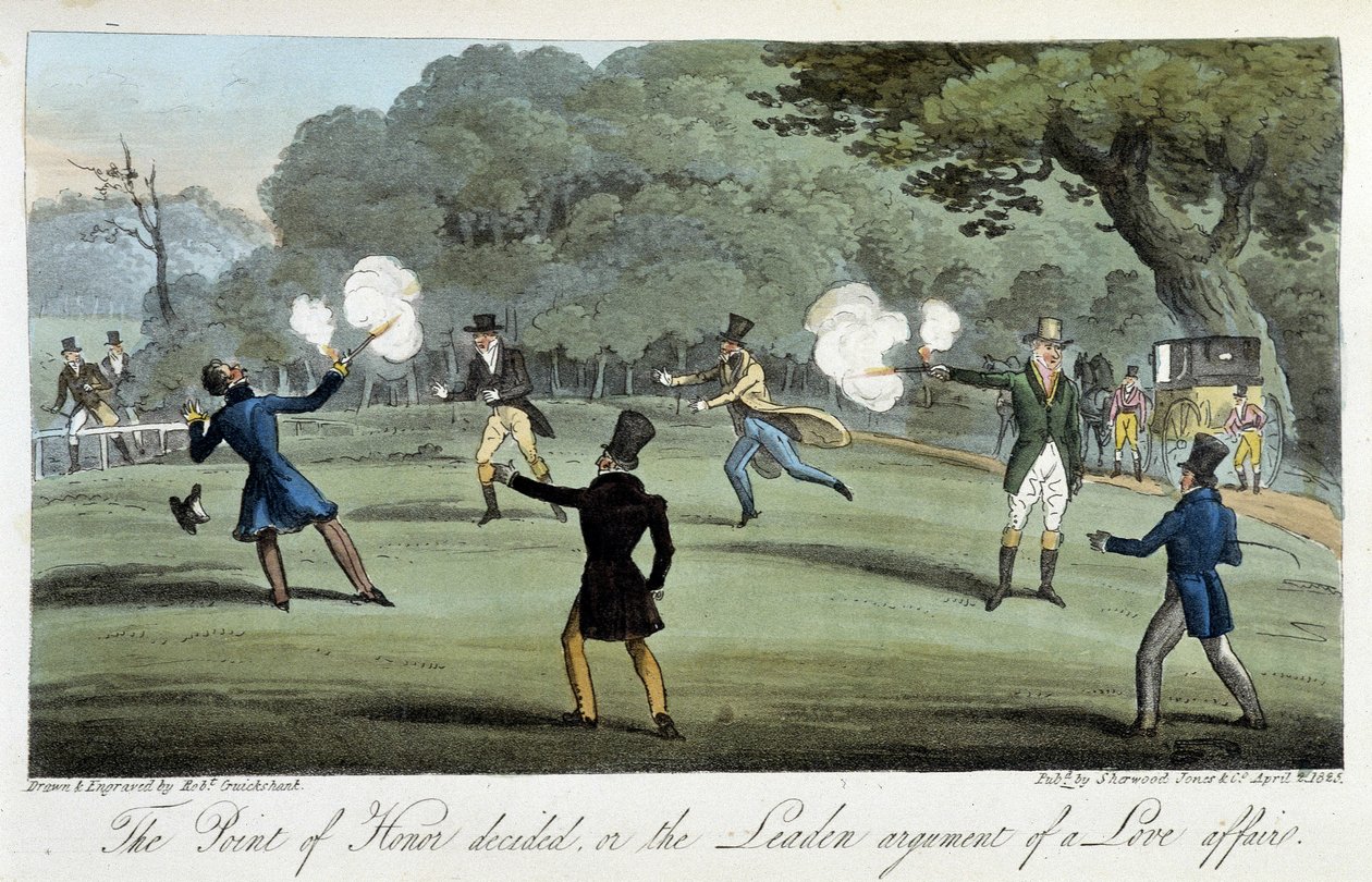 Duell med en pistol för en hjärtefråga - i "" Den engelska spionen"" av Charles Molloy Westmacott, ill. av Robert Cruikshank, London av Isaac Robert Cruikshank