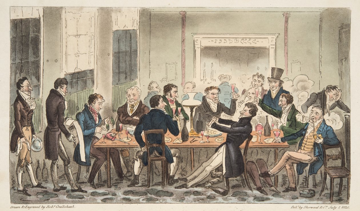 Kväll och i High Spirits, en scen på Longs Hotel, Bond Street, från The English Spy, pub. 1824 (handfärgad gravyr) av Isaac Robert Cruikshank