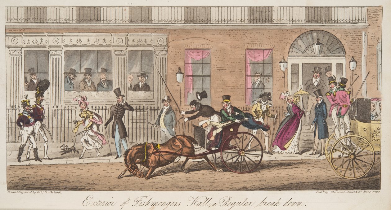 Exteriör av Fishmongers Hall, St James Street, med utsikt över ett regelbundet haveri, från The English Spy, pub. 1824 (handfärgad gravyr) av Isaac Robert Cruikshank