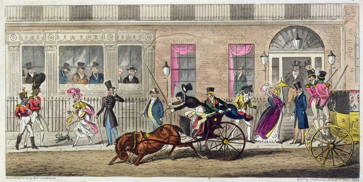 Exteriör av Fishmongers Hall, a Regular Break Down, 1824 (akvatint) av Isaac Robert Cruikshank