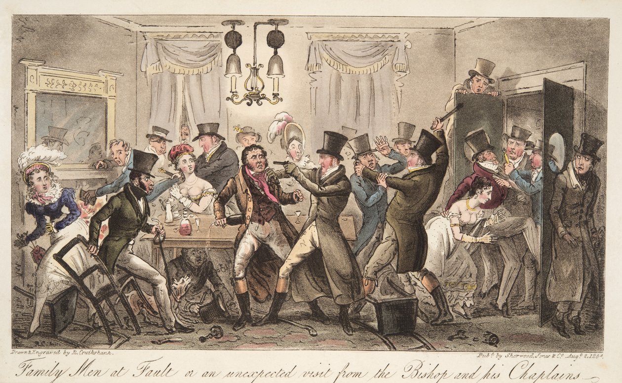 Family Men at Fault, eller ett oväntat besök från The Bishop and his Chaplains, från The English Spy, pub. 1824 (handfärgad gravyr) av Isaac Robert Cruikshank