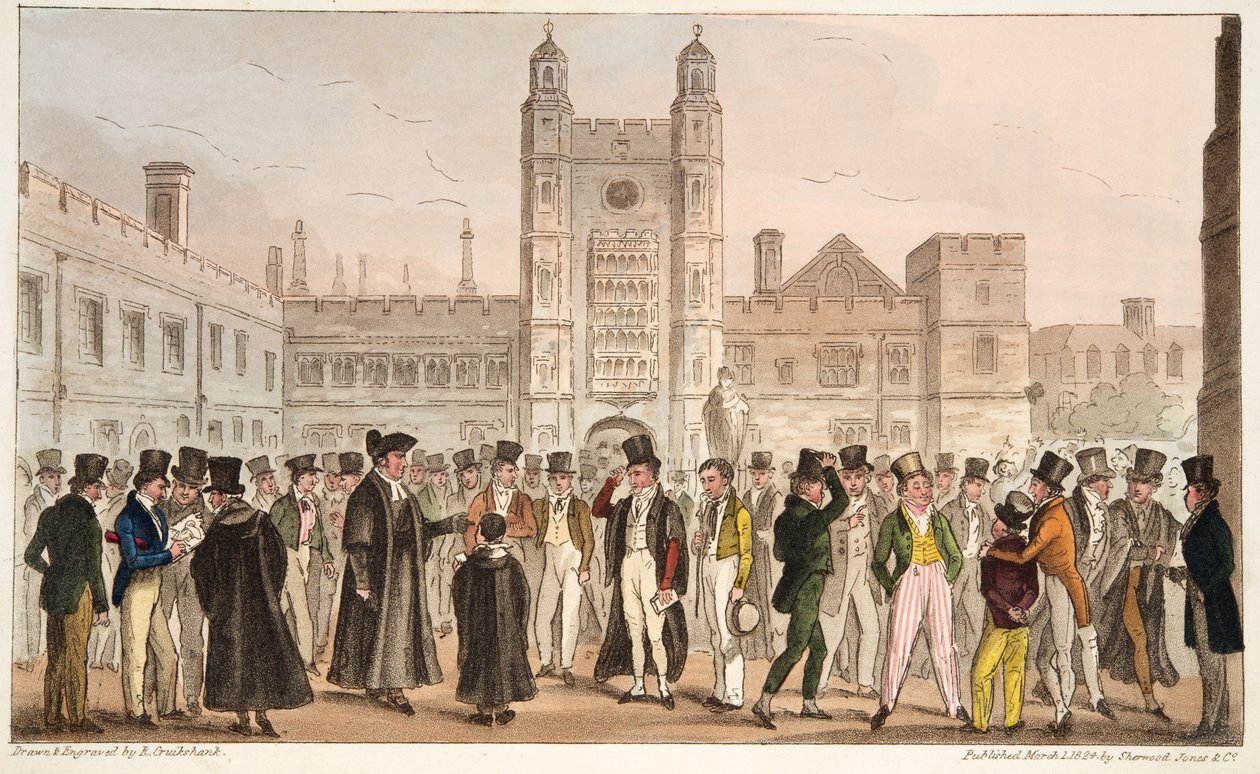 First Absence, eller Etonians Answering Morning Master Roll, från The English Spy publicerad 1824 (handfärgad gravyr) av Isaac Robert Cruikshank