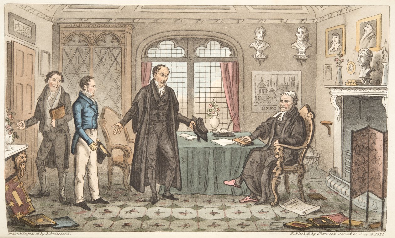 First Bow to Alma Mater, eller Bernard Blackmantles introduktion till Big Wig, från The English Spy, publicerad London, 1824 (handfärgad gravyr) av Isaac Robert Cruikshank