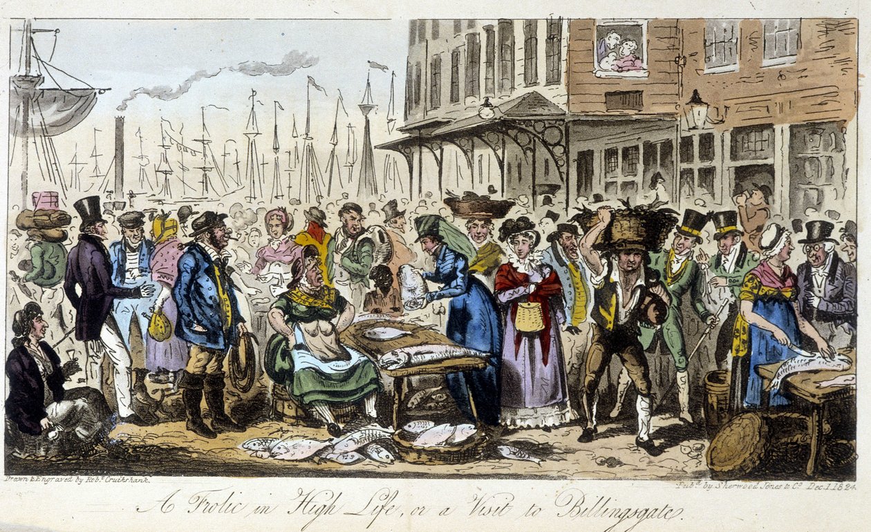 Fish Market i London - i "The English Spy" av Charles Molloy Westmacott, teckning av Robert Cruikshank, London Edition av Isaac Robert Cruikshank