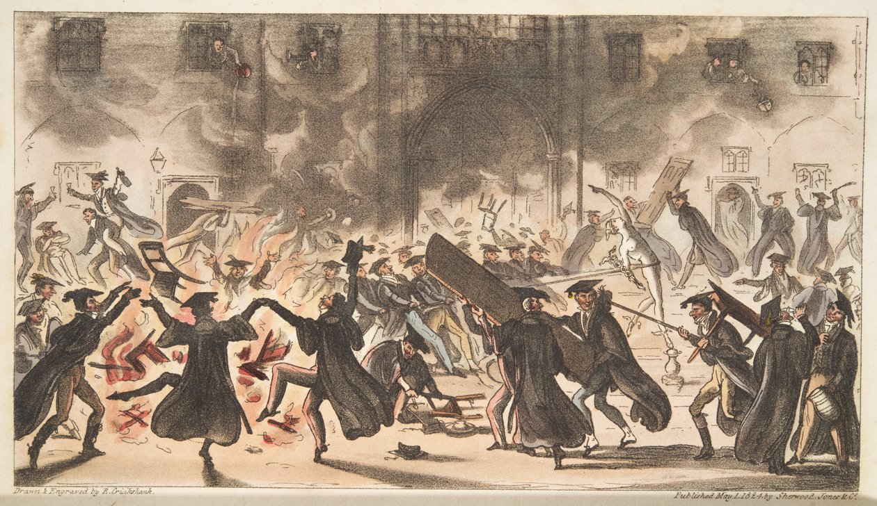 Flooring of Mercury, eller Burning of the Oaks, från The English Spy, pub. 1824 (handfärgad gravyr) av Isaac Robert Cruikshank